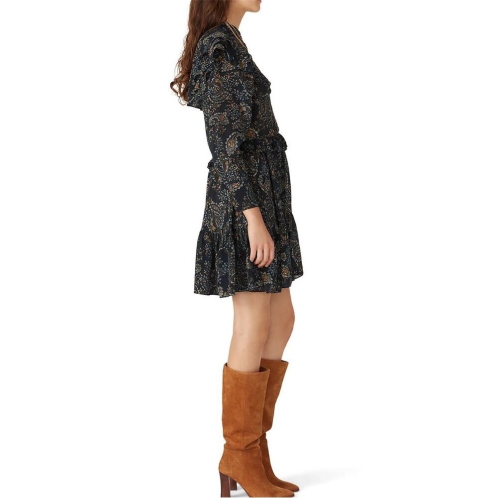 Nicholas Elsie Black Paisley Ruffle A-Line Long Sleeve Boho Mini Dress NWT - Picture 3 of 12